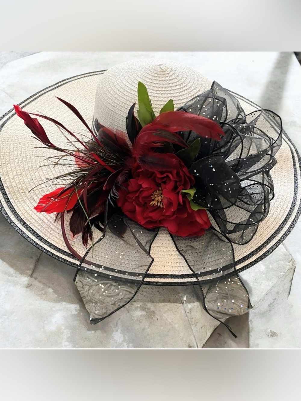 Wide-Brim Straw Hat with Flower,Feather & Black Bow